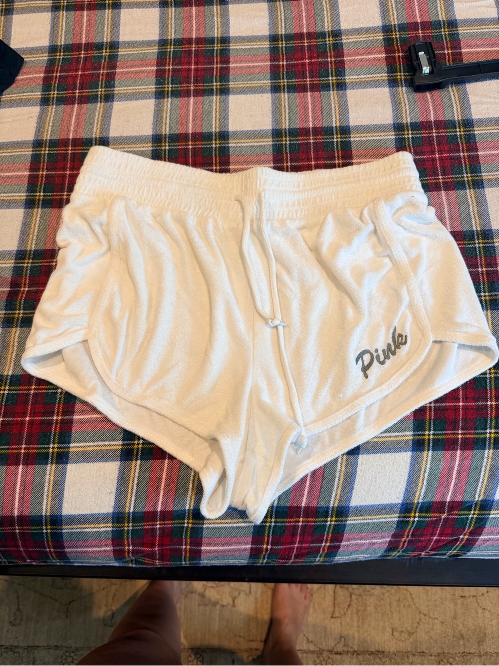 PINK Victoria's Secret White Terry Shorts with Script Logo